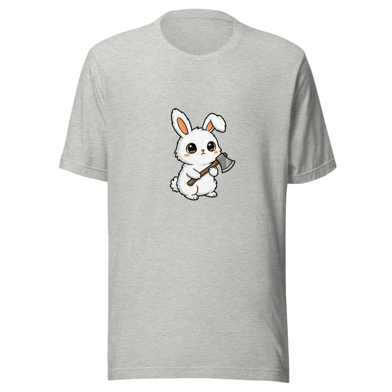Whimsical Warrior Bunny Tee, front view — cartoon white rabbit with big eyes gripping a battle axe on white background