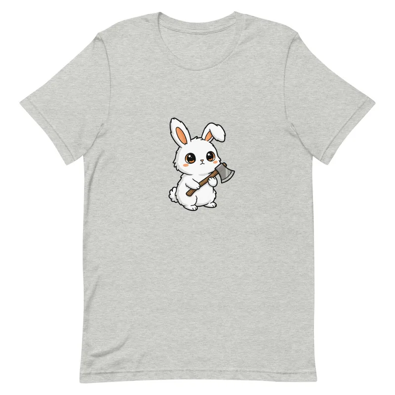 Whimsical Warrior Bunny Tee, front view — cartoon white rabbit with big eyes gripping a battle axe on white background