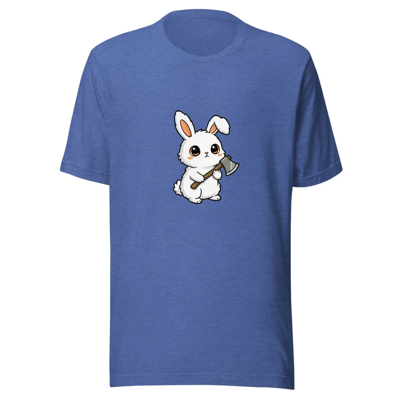 Whimsical Warrior Bunny Tee, front view — cartoon white rabbit with big eyes gripping a battle axe on white background