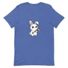 Whimsical Warrior Bunny Tee, front view — cartoon white rabbit with big eyes gripping a battle axe on white background