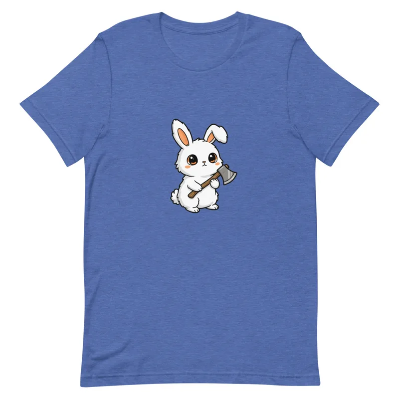 Whimsical Warrior Bunny Tee, front view — cartoon white rabbit with big eyes gripping a battle axe on white background