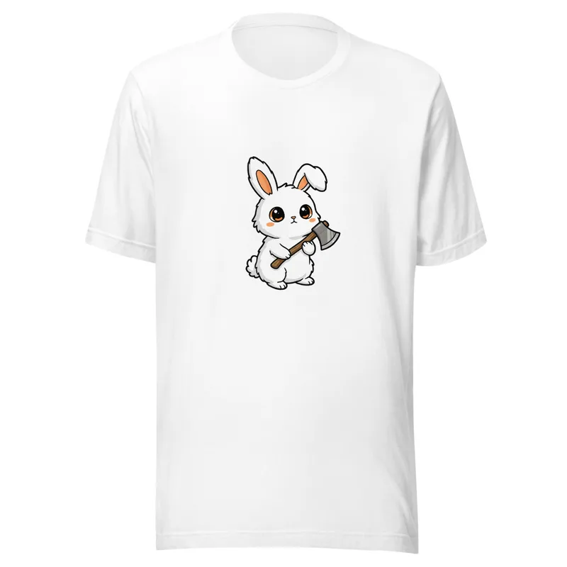 Whimsical Warrior Bunny Tee, front view — cartoon white rabbit with big eyes gripping a battle axe on white background