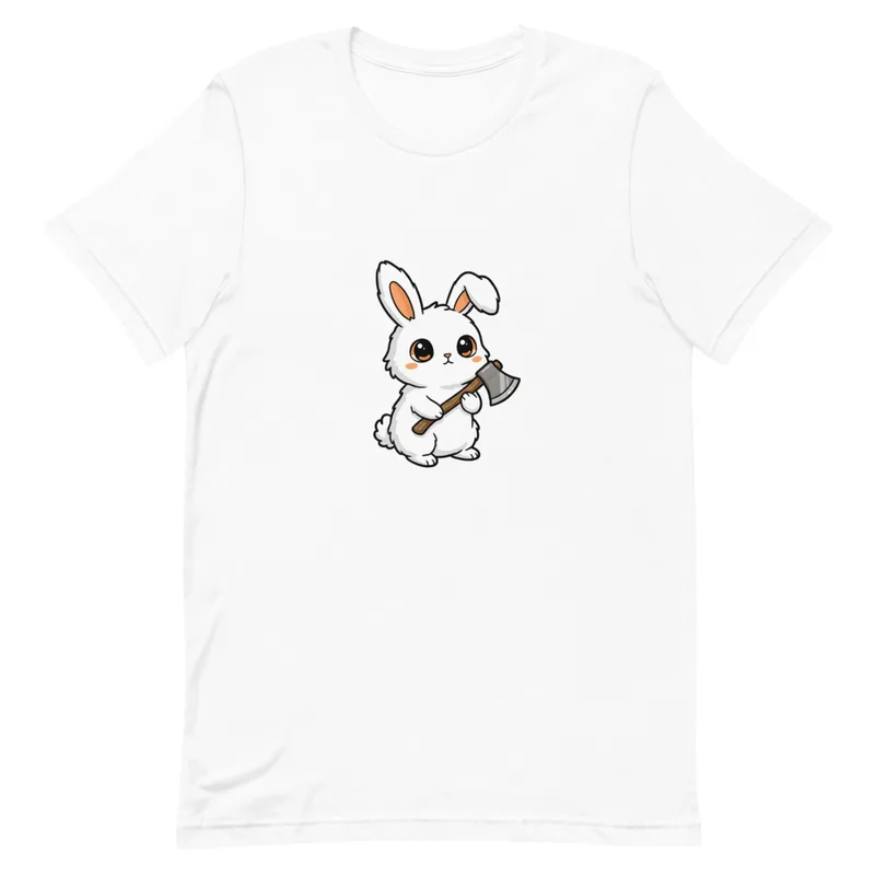 Whimsical Warrior Bunny Tee, front view — cartoon white rabbit with big eyes gripping a battle axe on white background