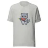 Galactic Kitty Adventure Tee, front view — chubby gray kitten with big sparkling eyes holding a colorful retro ray gun