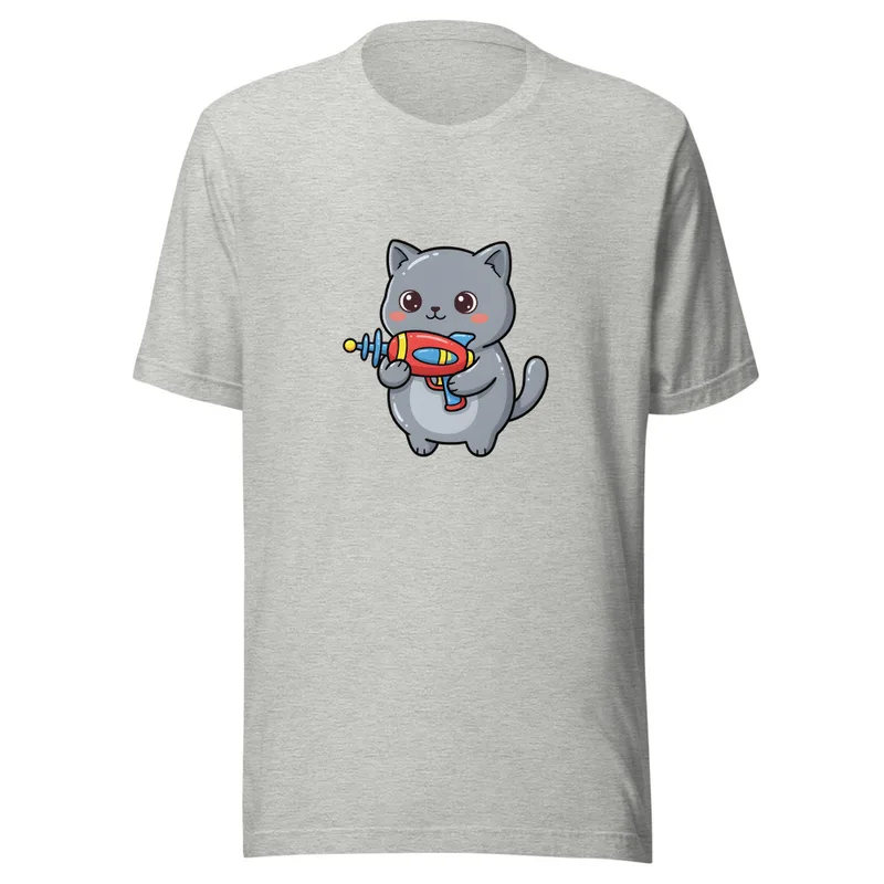 Galactic Kitty Adventure Tee, front view — chubby gray kitten with big sparkling eyes holding a colorful retro ray gun