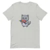 Galactic Kitty Adventure Tee, front view — chubby gray kitten with big sparkling eyes holding a colorful retro ray gun