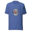 Galactic Kitty Adventure Tee, front view — chubby gray kitten with big sparkling eyes holding a colorful retro ray gun