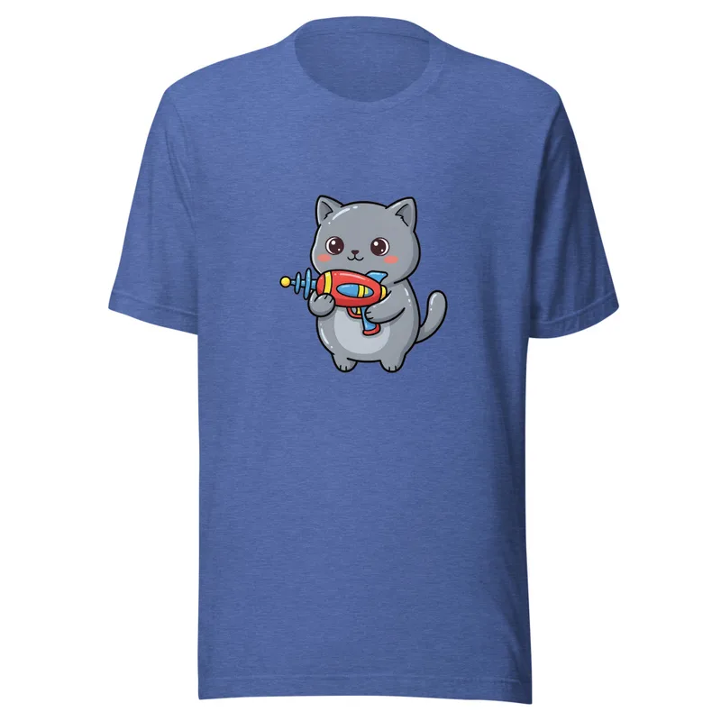 Galactic Kitty Adventure Tee, front view — chubby gray kitten with big sparkling eyes holding a colorful retro ray gun