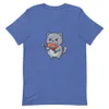 Galactic Kitty Adventure Tee, front view — chubby gray kitten with big sparkling eyes holding a colorful retro ray gun