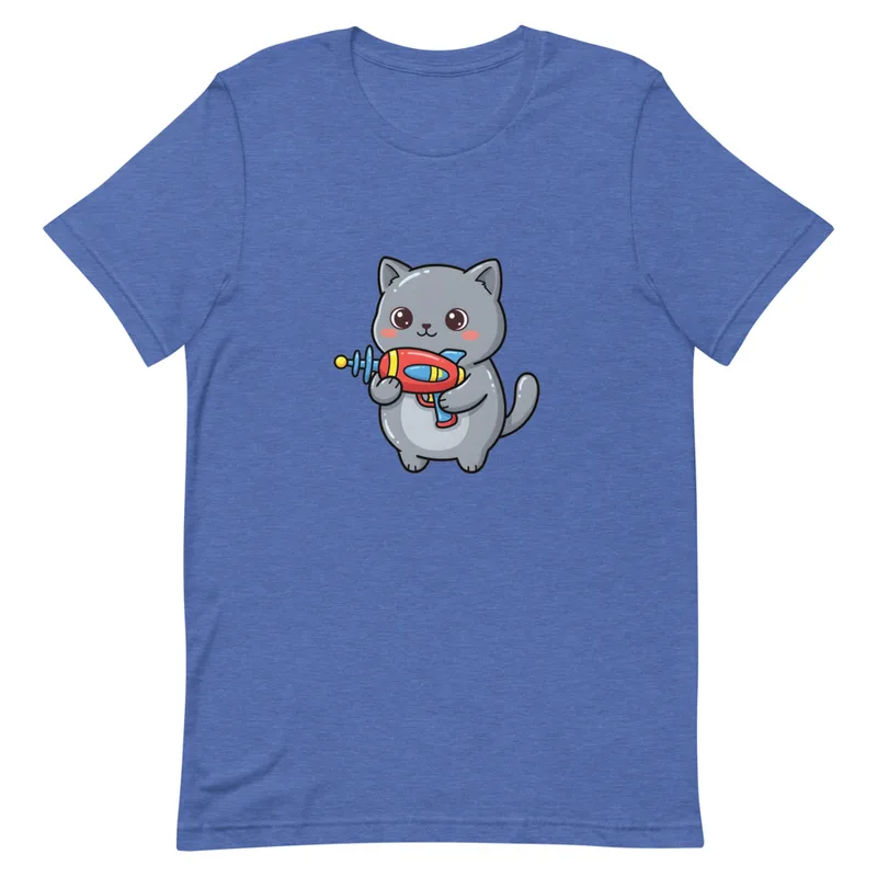 Galactic Kitty Adventure Tee, front view — chubby gray kitten with big sparkling eyes holding a colorful retro ray gun