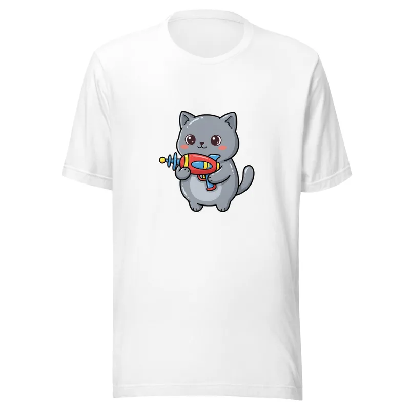 Galactic Kitty Adventure Tee, front view — chubby gray kitten with big sparkling eyes holding a colorful retro ray gun