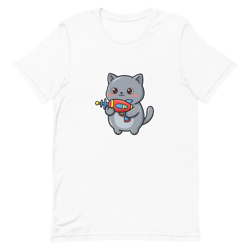 Galactic Kitty Adventure Tee, front view — chubby gray kitten with big sparkling eyes holding a colorful retro ray gun