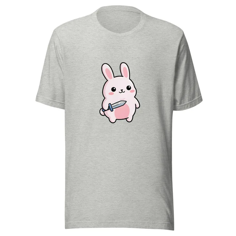 Sword-Wielding Bunny Tee, front view — chubby kawaii pink bunny holding a sword, big sparkly eyes, pastel colors, white