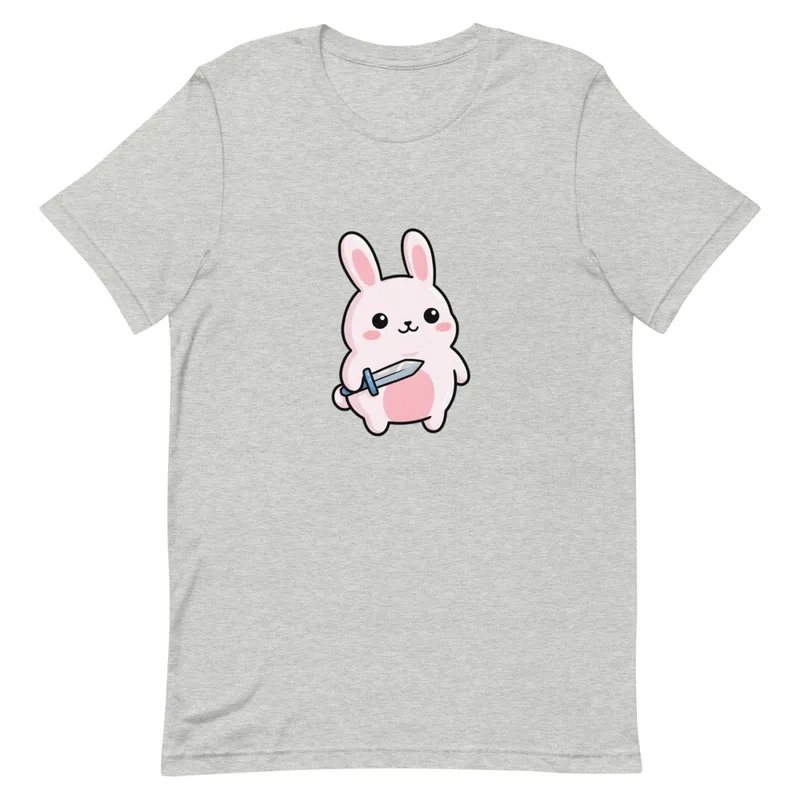 Sword-Wielding Bunny Tee, front view — chubby kawaii pink bunny holding a sword, big sparkly eyes, pastel colors, white