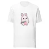 Sword-Wielding Bunny Tee, front view — chubby kawaii pink bunny holding a sword, big sparkly eyes, pastel colors, white