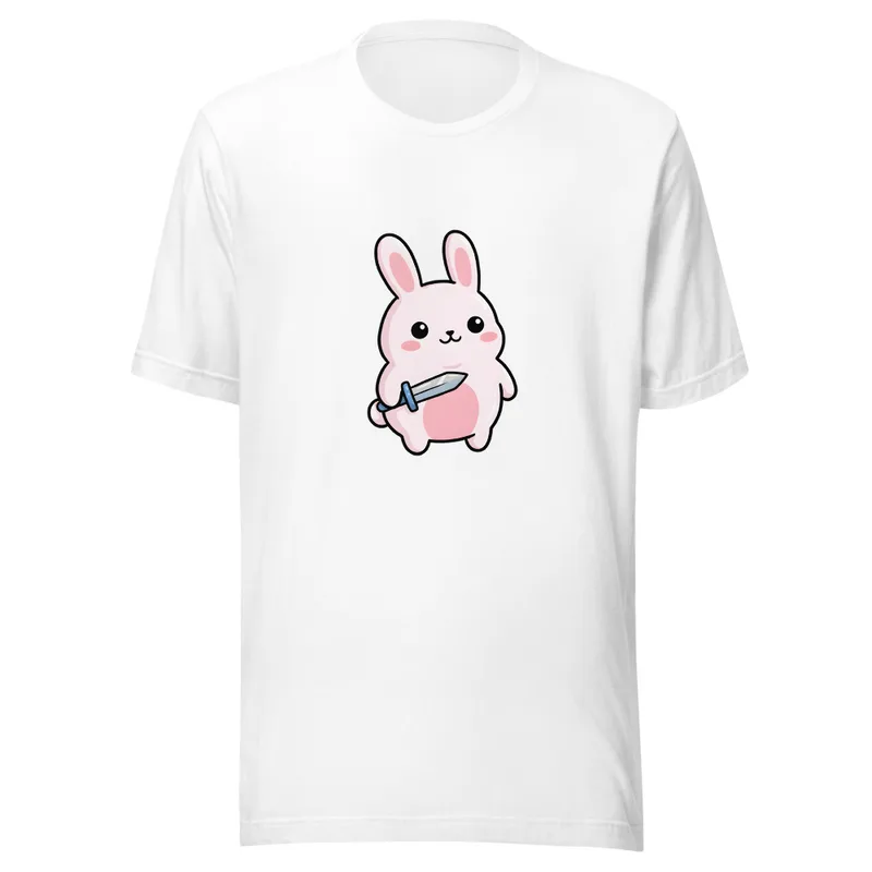 Sword-Wielding Bunny Tee, front view — chubby kawaii pink bunny holding a sword, big sparkly eyes, pastel colors, white