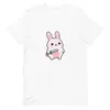 Sword-Wielding Bunny Tee, front view — chubby kawaii pink bunny holding a sword, big sparkly eyes, pastel colors, white