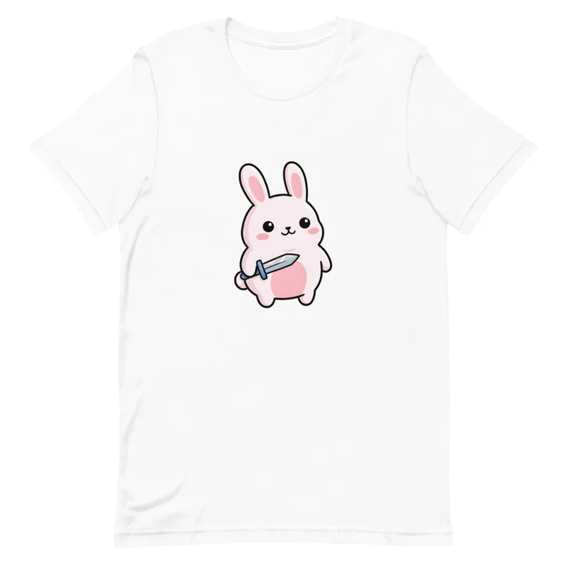 Sword-Wielding Bunny Tee, front view — chubby kawaii pink bunny holding a sword, big sparkly eyes, pastel colors, white