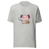 Axolotl Warrior Tee, front view — cartoon pink axolotl with feathery gills wielding an oversized sword