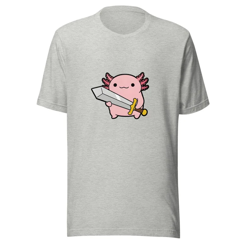 Axolotl Warrior Tee, front view — cartoon pink axolotl with feathery gills wielding an oversized sword