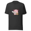 Axolotl Warrior Tee, front view — cartoon pink axolotl with feathery gills wielding an oversized sword