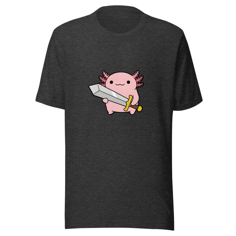 Axolotl Warrior Tee, front view — cartoon pink axolotl with feathery gills wielding an oversized sword
