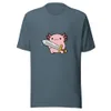 Axolotl Warrior Tee, front view — cartoon pink axolotl with feathery gills wielding an oversized sword
