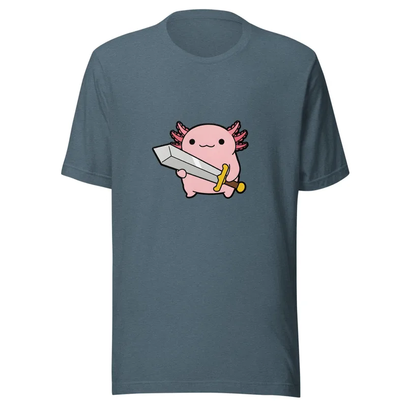 Axolotl Warrior Tee, front view — cartoon pink axolotl with feathery gills wielding an oversized sword