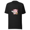 Axolotl Warrior Tee, front view — cartoon pink axolotl with feathery gills wielding an oversized sword