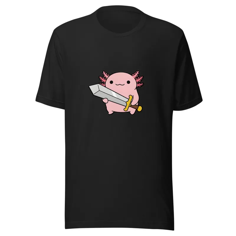 Axolotl Warrior Tee, front view — cartoon pink axolotl with feathery gills wielding an oversized sword