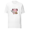 Axolotl Warrior Tee, front view — cartoon pink axolotl with feathery gills wielding an oversized sword