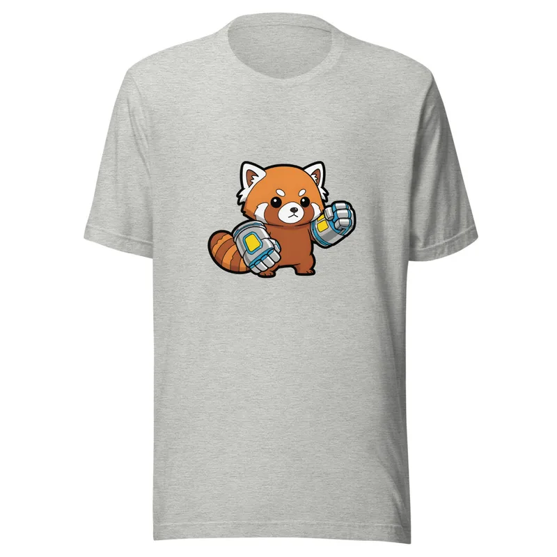 Cyber Panda Power Tee, front view — cartoon red panda wearing glowing robotic boxing gauntlets on white background