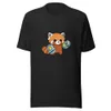 Cyber Panda Power Tee, front view — cartoon red panda wearing glowing robotic boxing gauntlets on white background