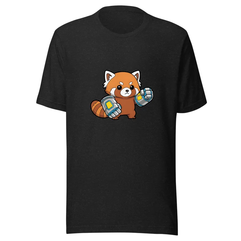 Cyber Panda Power Tee, front view — cartoon red panda wearing glowing robotic boxing gauntlets on white background