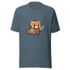 Cyber Panda Power Tee, front view — cartoon red panda wearing glowing robotic boxing gauntlets on white background