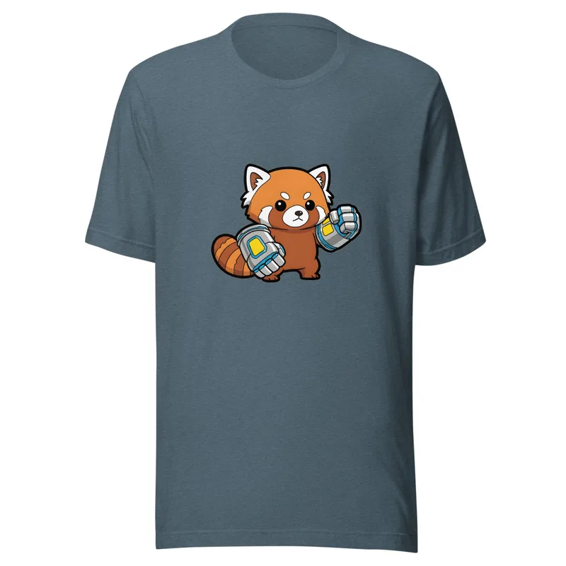Cyber Panda Power Tee, front view — cartoon red panda wearing glowing robotic boxing gauntlets on white background