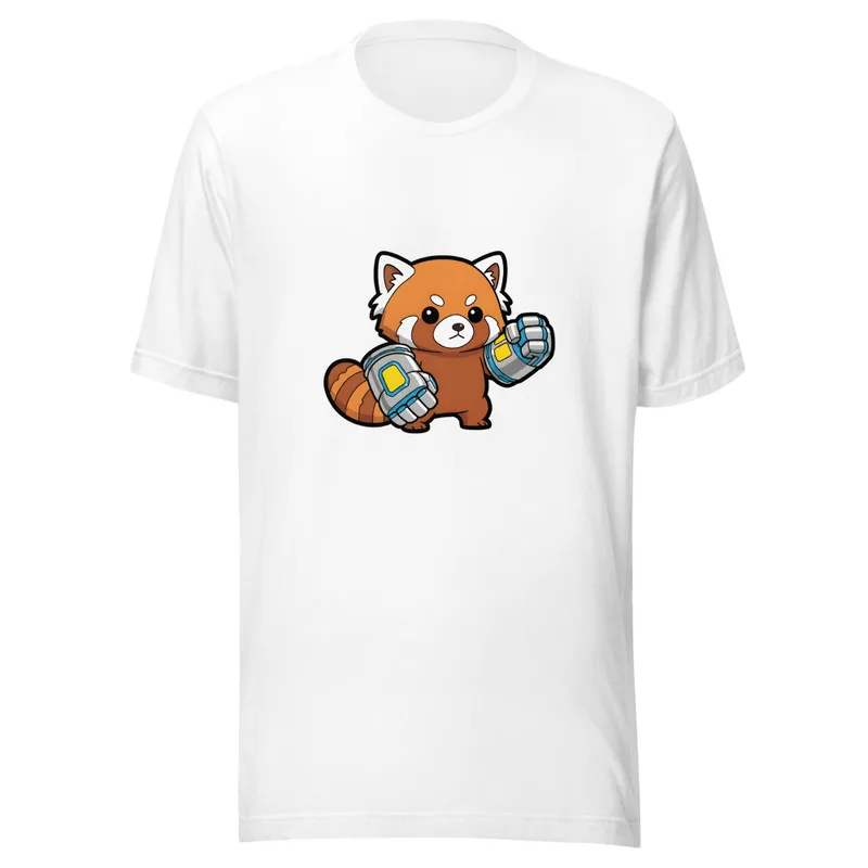 Cyber Panda Power Tee, front view — cartoon red panda wearing glowing robotic boxing gauntlets on white background