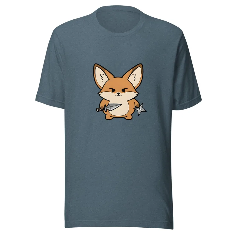Ninja Fennec Adventure Tee, front view — cartoon fox holding a dagger and shuriken with a fierce expression on white