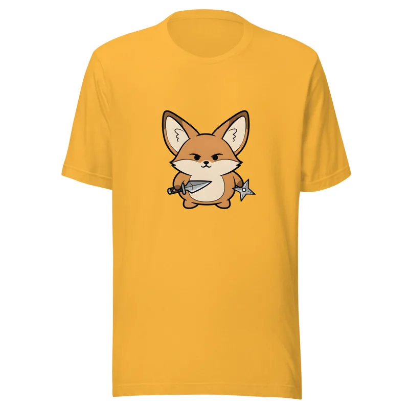 Ninja Fennec Adventure Tee, front view — cartoon fox holding a dagger and shuriken with a fierce expression on white