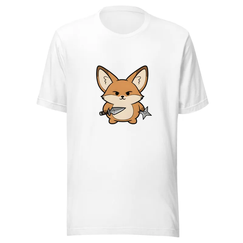 Ninja Fennec Adventure Tee, front view — cartoon fox holding a dagger and shuriken with a fierce expression on white