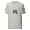 Ninja Raccoon Adventure Tee, front view — cartoon raccoon bandit wielding two swords in grayscale illustrative style
