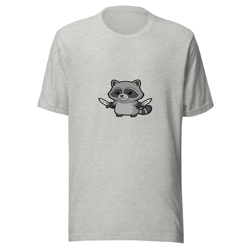 Ninja Raccoon Adventure Tee, front view — cartoon raccoon bandit wielding two swords in grayscale illustrative style