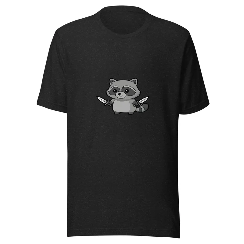 Ninja Raccoon Adventure Tee, front view — cartoon raccoon bandit wielding two swords in grayscale illustrative style