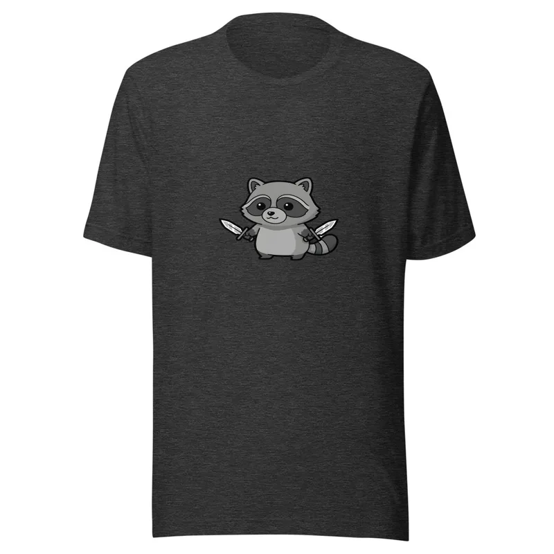Ninja Raccoon Adventure Tee, front view — cartoon raccoon bandit wielding two swords in grayscale illustrative style