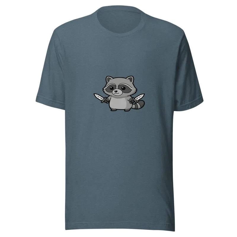 Ninja Raccoon Adventure Tee, front view — cartoon raccoon bandit wielding two swords in grayscale illustrative style
