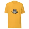 Ninja Raccoon Adventure Tee, front view — cartoon raccoon bandit wielding two swords in grayscale illustrative style