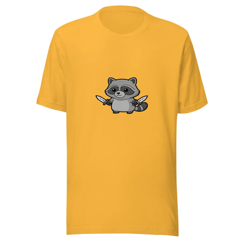 Ninja Raccoon Adventure Tee, front view — cartoon raccoon bandit wielding two swords in grayscale illustrative style