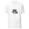 Ninja Raccoon Adventure Tee, front view — cartoon raccoon bandit wielding two swords in grayscale illustrative style