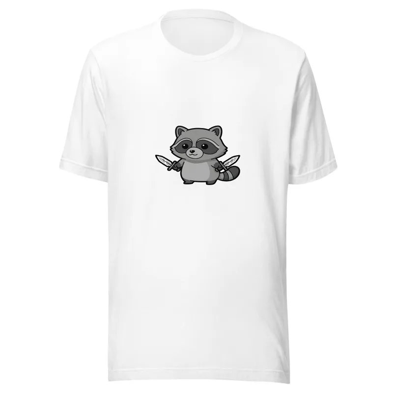 Ninja Raccoon Adventure Tee, front view — cartoon raccoon bandit wielding two swords in grayscale illustrative style