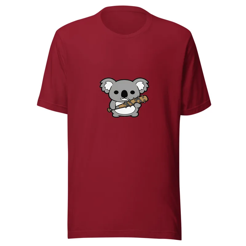 Koala Combat Tee, front view — cartoon koala grinning while holding a spiked barbed-wire bat on white background